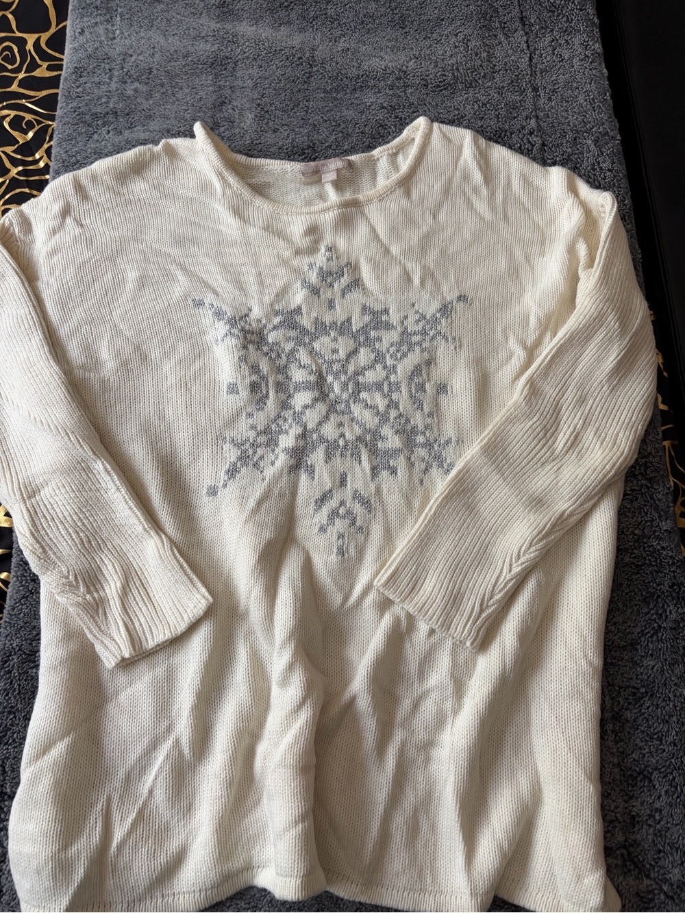 Woman Within Cream Crewneck Sweater with Gray Snowflake
